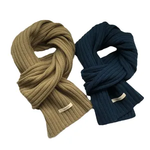 Thick 100% wool rib-knit scarves in khaki and navy blue with a warm soft texture