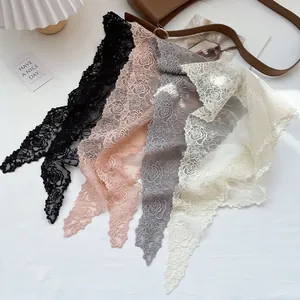 French vintage lace triangle headscarf with rose floral pattern in four colors