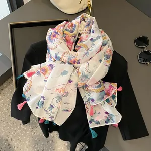 Écharpe à fleurs en coton et lin avec glands roses vifs et motif de cachemire