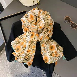 Women Floral Print Scarf With Tassels Lightweight Summer Sun Protection Shawl Wrap Bohemian Style Elegant Floral Scarf Wrap