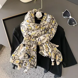 Écharpe en coton lin à imprimé floral avec glands et motif artistique de fleurs jaunes