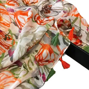 Floral cotton linen scarf with orange and purple tulip prints and colorful tassels