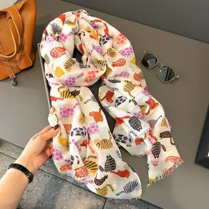 Lightweight cotton linen scarf with colorful cartoon cat print and fringe edges