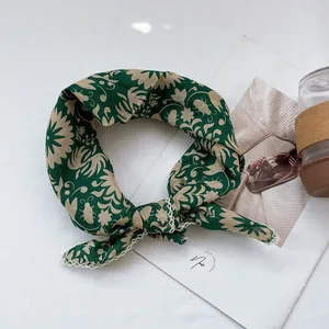 Detail of dark green floral silk scarf with delicate white lace crochet piping and insects