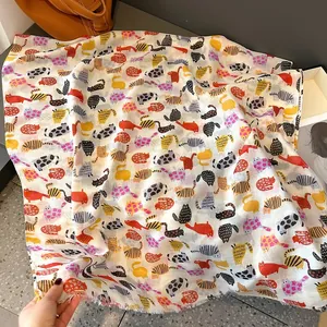 Cute cartoon cat printed linen scarf for women with colorful cat patterns and frayed edges