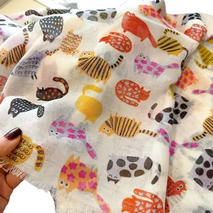 Lightweight cotton linen scarf featuring colorful cartoon cat prints and fringe edges