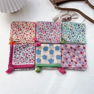 Floral cotton linen square scarf set with tassel borders in six vintage patterns