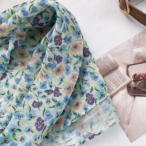 Floral cotton linen square scarf with delicate blue and purple prints in a French style