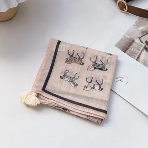 Elegant pink cotton square scarf with vintage horse print and tassel charm detail