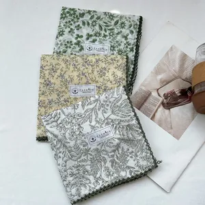 Pastoral Floral Cotton Square Scarf Vintage Sweet Crochet Lace Edge Bandana Retro Flower Rabbit Print Handkerchief For Women