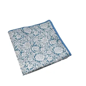 Floral print cotton headscarf with vintage blue Morris style patterns on white background