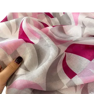 Lightweight floral print silk scarf featuring pink and grey abstract geometric patterns