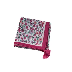 Elegant floral cotton linen neck scarf with contrast pink borders and corner tassel