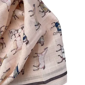 Elegant cotton square scarf featuring retro horse prints and delicate fringe tassels