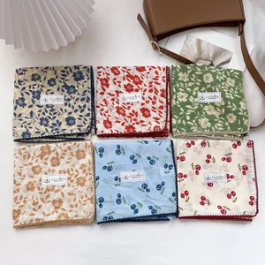 Women 100% Cotton Square Scarf With Crochet Lace Edge Floral Cherry Polka Dot Printed Vintage Neckerchief Handkerchief Headband