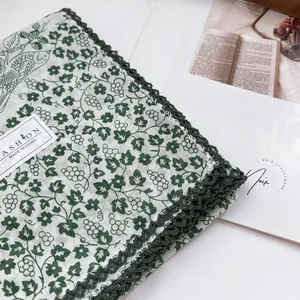 Floral cotton scarf with green lace trim featuring vintage botanical bird patterns