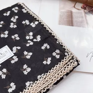 Floral cotton scarf with lace trim and vintage pattern, soft neck wrap for women
