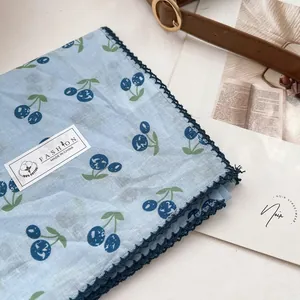 Japanese style light blue cotton square scarf with dark blue cherry print and lace trim