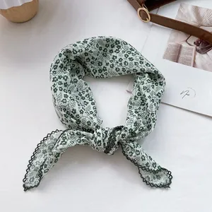 Floral cotton gauze scarf with green lace trim and vintage French style print