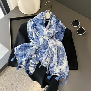 Women Retro Blue And White Landscape Printed Scarf Lightweight Polyester Shawl With Tassels Chinese Style Sunscreen Wrap Long Gauze Scarf