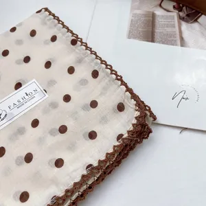 Bohemian cotton headscarf with brown polka dots and delicate lace crochet edges