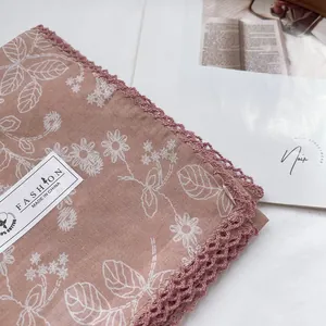 Floral print cotton small square scarf with crochet lace edge in vintage brown color