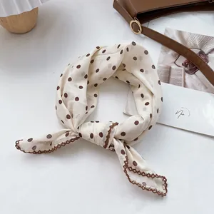 French vintage beige polka dot scarf with brown lace border for hair and neck styling