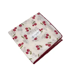 100% cotton square scarf featuring cherry print and burgundy crochet lace trim