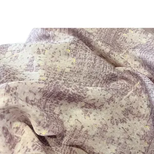 Elegant purple cotton linen scarf with geometric gold foil print and soft texture