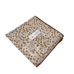 Floral print cotton headscarf with brown crochet lace border and vintage bird patterns