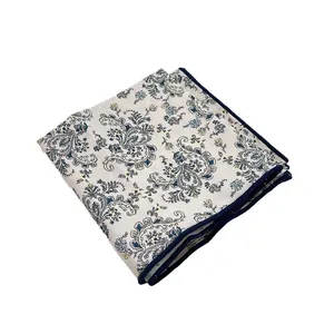 Floral paisley pattern cotton bandana scarf in light beige with navy blue border