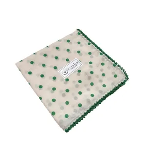 Bohemian cotton floral bandana with green crochet lace edge and polka dot pattern