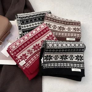 Soft wool Fair Isle scarves with snowflake patterns in red, brown, black and cream colors