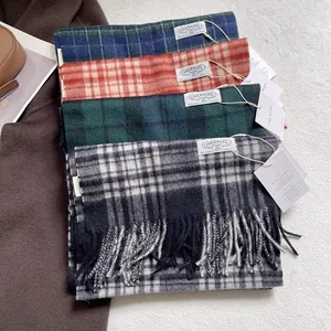 Classic British style 100% pure wool scarves with plaid patterns and fringe details
