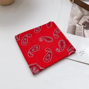 Nahaufnahme des roten Baumwolltuches mit weißem Paisley-Muster und gesäumten Kanten