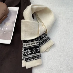 Fair Isle pattern knitted wool scarf in cream white with snowflake motif for winter warmth