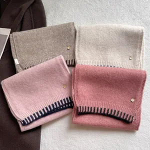 Korean Style Wool Blend Knitted Scarf For Women Contrast Edging Warm Winter Scarf With Metal Buckle Versatile Neck Warmer