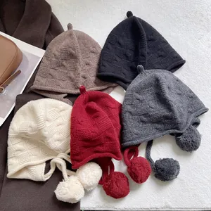 Women Winter 100% Wool Knit Earflap Beanie Hat With Large Pompoms Warm Thick Cable Knit Tie-up Skull Cap For Girls