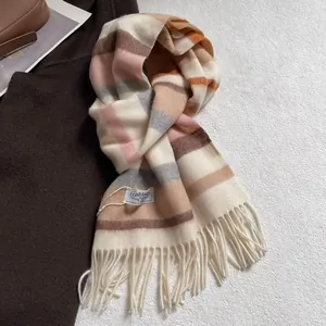 Detailed view of colorful striped wool scarf with fringe and premium brand label