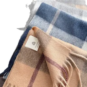 Classic 100% Australian wool plaid scarves with fringe in camel and blue colors