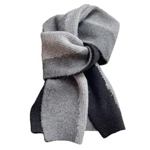Thick knit scarf with color-block stripes in dark grey, light grey and black ribbed wool