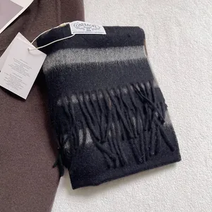 Detail view of woven wool scarf texture with fringe tassels and brand label