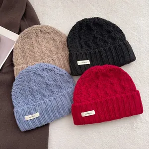 Damen Wolle Zopfmuster Beanie Gehörschutz Winter Warm Grobstrick Mütze Elegante Einfarbig Kaltes Wetter Outdoor Skull Cap