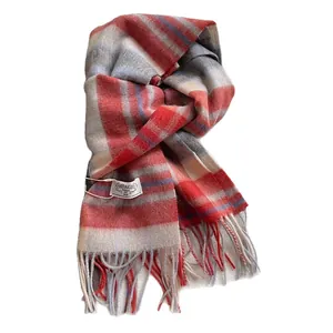 Classic red and grey checkered 100% wool scarf with soft tassels for winter warmth