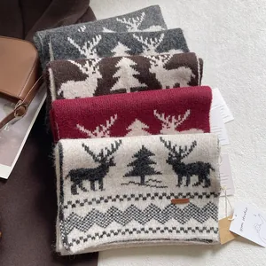 Winter wool blend knit scarves with reindeer patterns in red, grey, brown, and cream