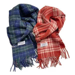 British style 100% pure wool narrow scarves with classic blue and red plaid patterns