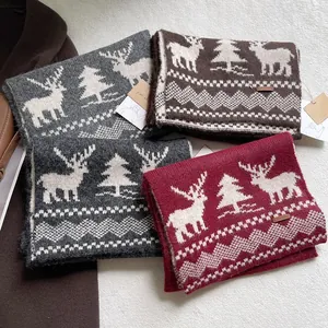Vintage Christmas Reindeer Knitted Scarf Thickened Warm Jacquard Woolen Yarn Scarf For Women Men New Year Festive Gift