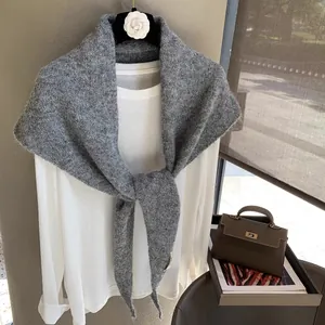 Elegant medium gray knit shawl over white shirt, minimalist soft wool wrap for women