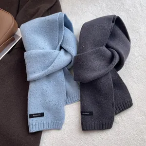 Winter 100% wool knitted scarf for men and women in light blue and dark grey tones