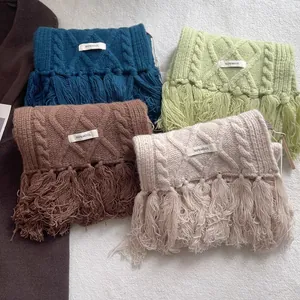Chic 100% wool cable knit scarves with tassels in teal, green, brown and pink colors